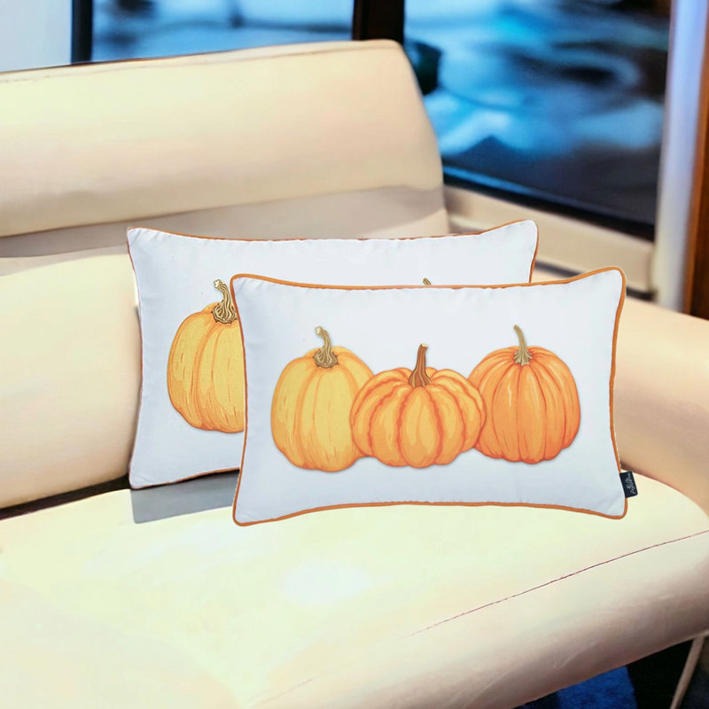 White and Orange Pumpkin Lumbar Throw Pillow Covers Set