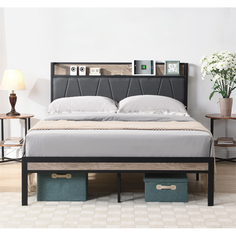 Metal Platm Bed Frame With Upholstedry Storage Function Headboard And USB LINER And Footboard Large Under Bed Frame Storageeasy Assemble