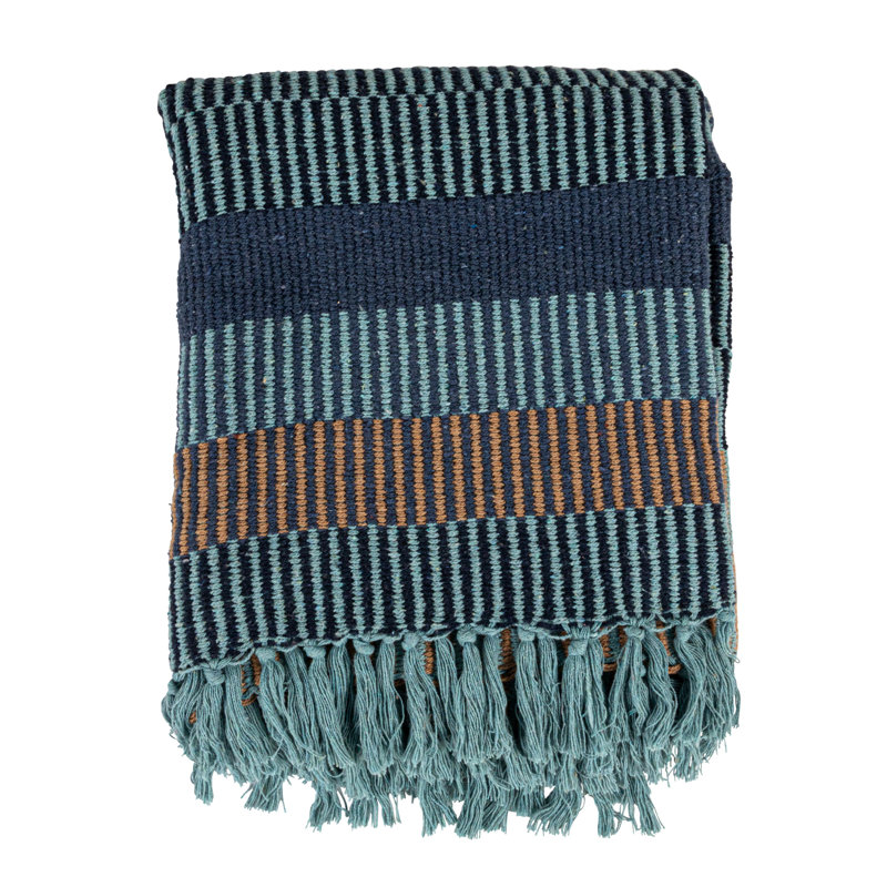 Quilted Throw Blanket, Blue/Cream/Brown Striped