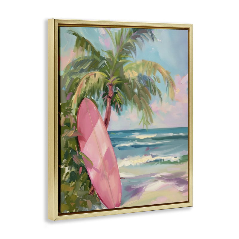 Planche de surf rose sur un cadre flottant de plage, design par Arlington Prints, H 21 po x l 17 po