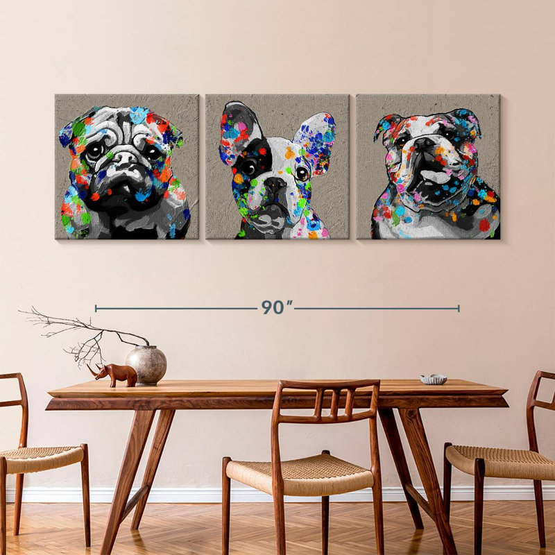 Bulldogs on Canvas, reproduction de 3 pièces, H 110 po x l 36 po x P 1,25 po