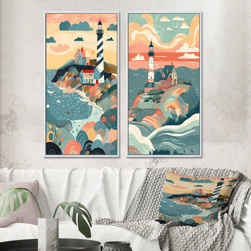 «Phare côtier», 2 pièces sur toile, Cadre blanc, H 20 po x l 24 po