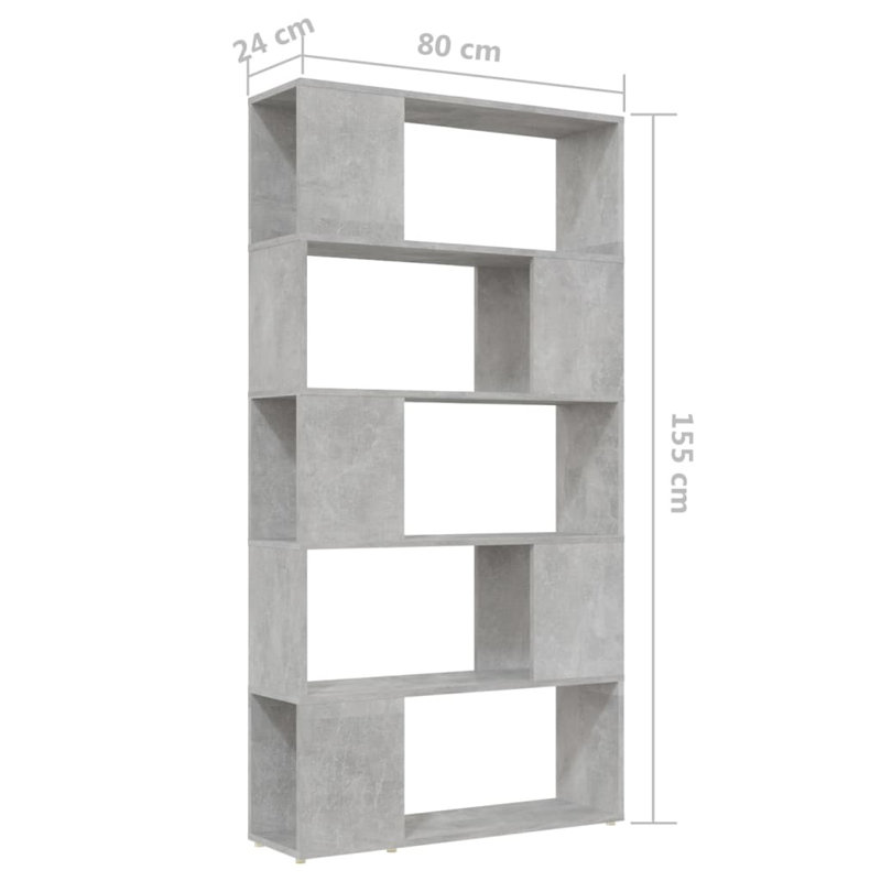 Cashe Library Bookcase, (5 Shelves) 155cm. H x 80cm. W x 24cm. D, Concrete Grey
