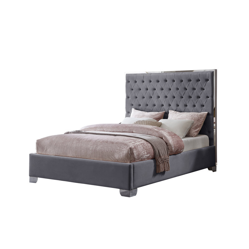 Lit plateforme tapissier Jeslene Kolab, Gris, Très grand