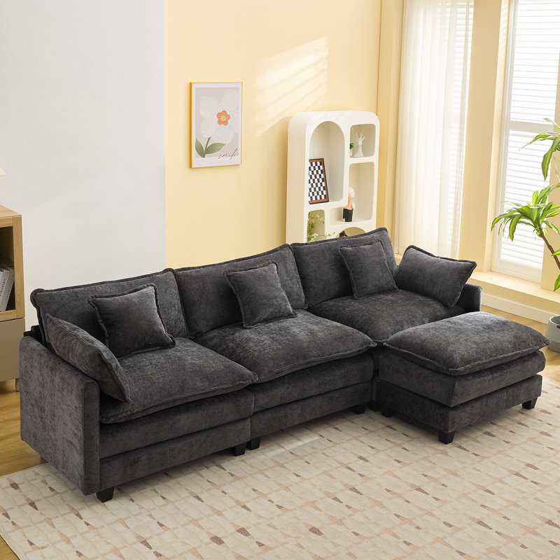 Chenille Upholstered Sectional Sofa Couch with Ottoman, 4, Dark Gray
