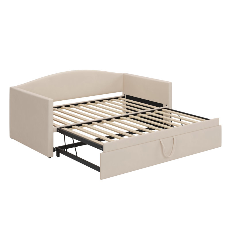 Upholstered Daybed With Pop Up Trundle, Twin To King Size Velvet Fabric Sofa Bed, Beige