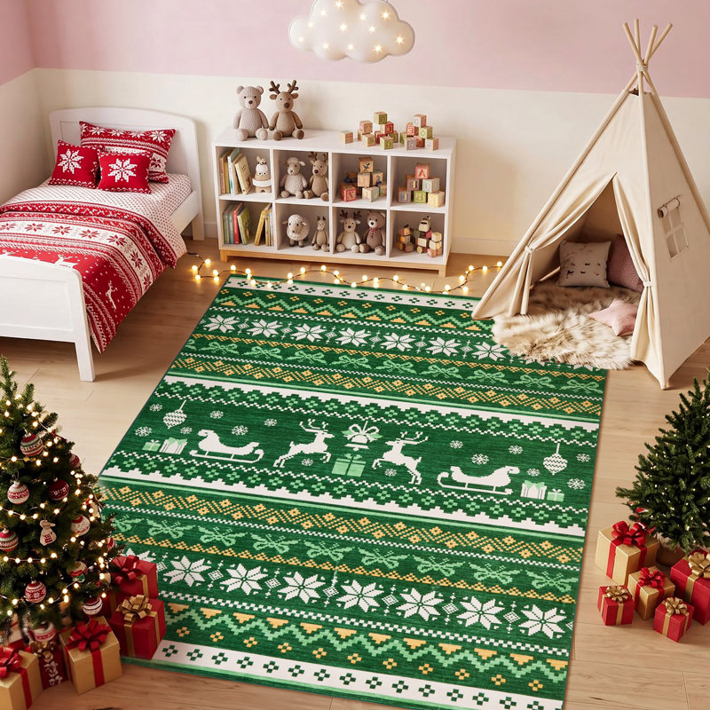 Tapis de Noël lavable et antidérapant pour l'intérieur, idéal pour le salon., Vert, 3*5