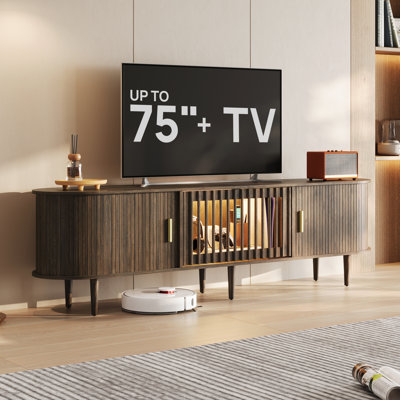 70" Fluted Mid-Century Modern Tv Stand With Sliding Doors & Led Lighting, Fits Tvs Up To 75"