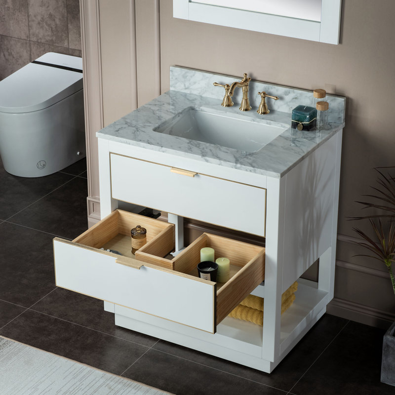30"x21"x33" Solid Wood Bath Vanities with Pre-Drilled Hole for Single Hole Faucet, Brushed Nickel, White, 8” Centers