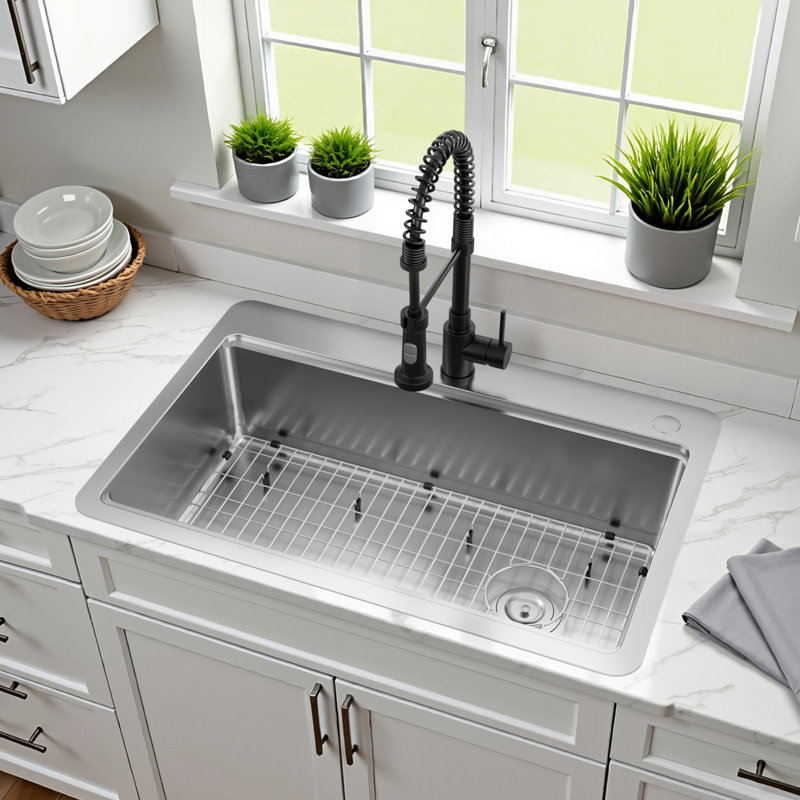 Kingston Brass Calgary 33-Inch Stainless Steel Single Bowl Dual Mount Kitchen Sink With Drain, 2
