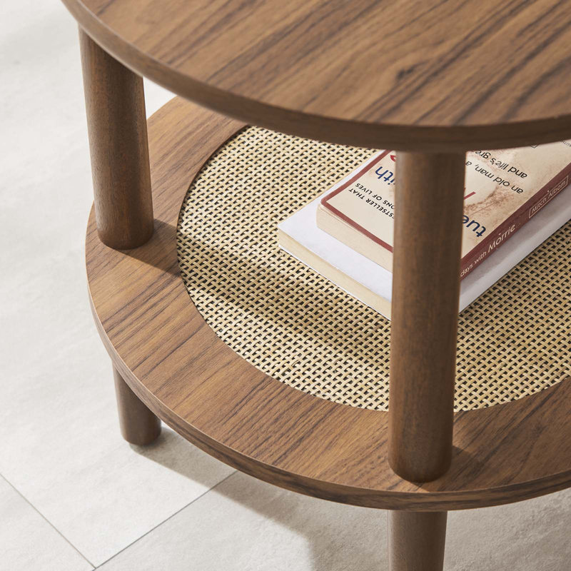 Walnut Round Wood Side Table with Rattan Shelf