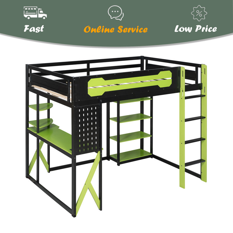 Full Size Wood Loft Bed With Desk, Shelves, Power Outlet & USB/Type-C Ports, , And RGB Light, Green