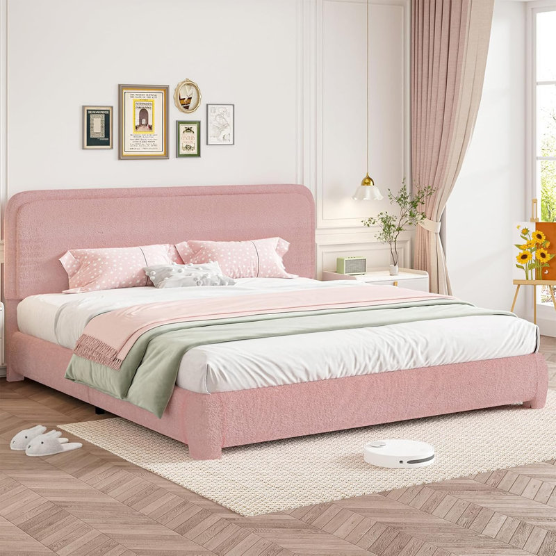 King Pink Boucle Upholstered Platform Bed Frame with Headboard