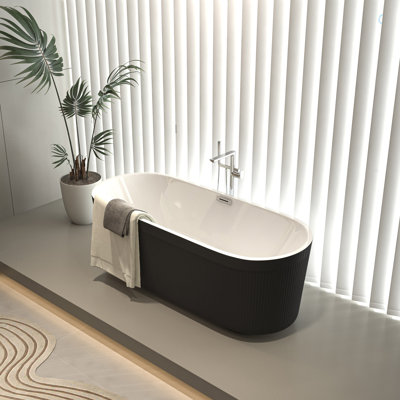 59" Acrylic Freestanding Bathtub, Unique Pleated Design, Glossy Black, Chrome Overflow And Pop-Up Drain