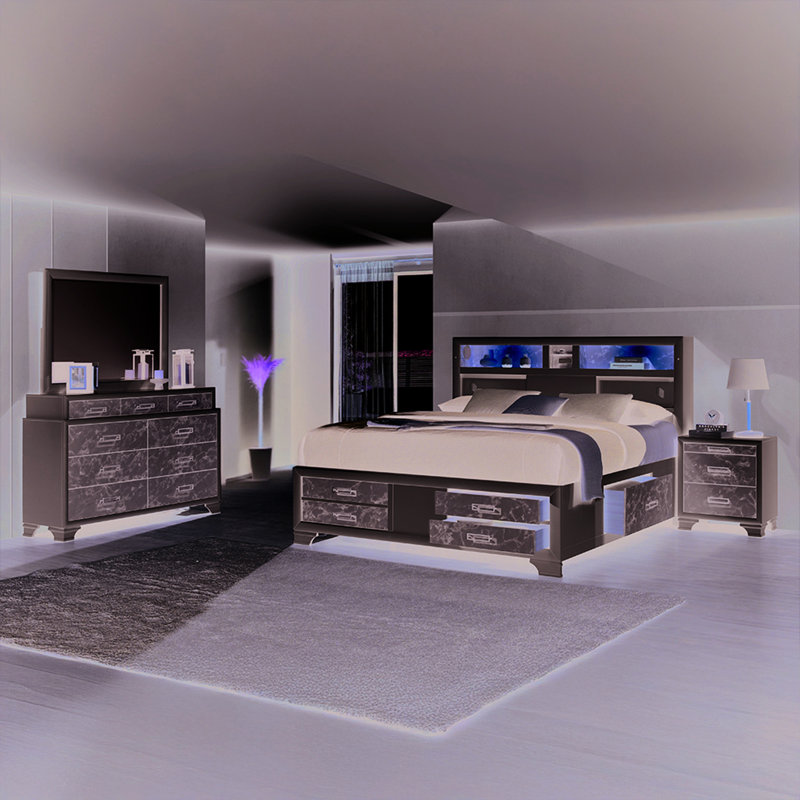 Contemporain, lit double, bois blanc, accents de marbre, éclairage de la tête de lit, technologie moderne, finition en bois de taille importante, tête de lit, rangement intégré