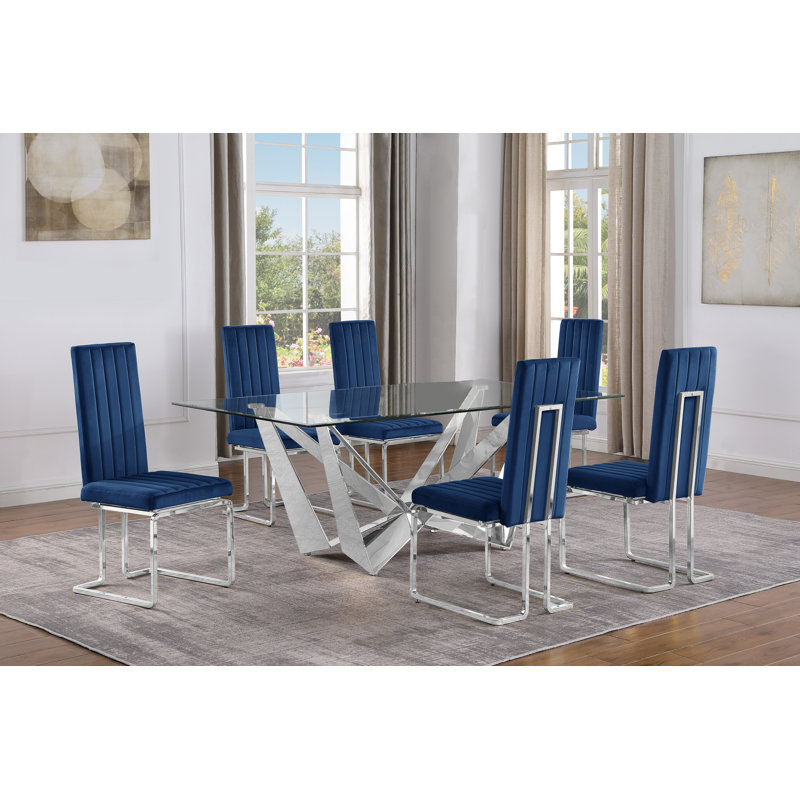 Ensemble de salle à manger Vineeth, 7, Bleu marin / Argent, Silver