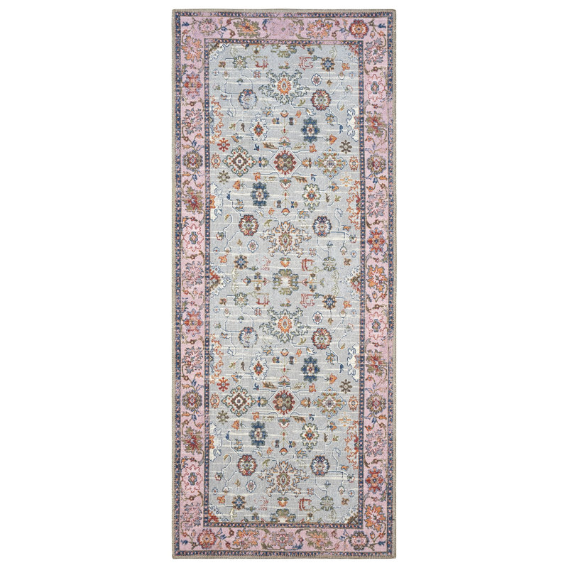 GLN Rugs Traditional Collection - Machine Washable Area Rug, Traditional Washable Rug, Non Slip Washable Rug, Low Pile Chenille Living Room Rug, Bedroom Rug, Kitchen Rug (Pink and Gray Rug)