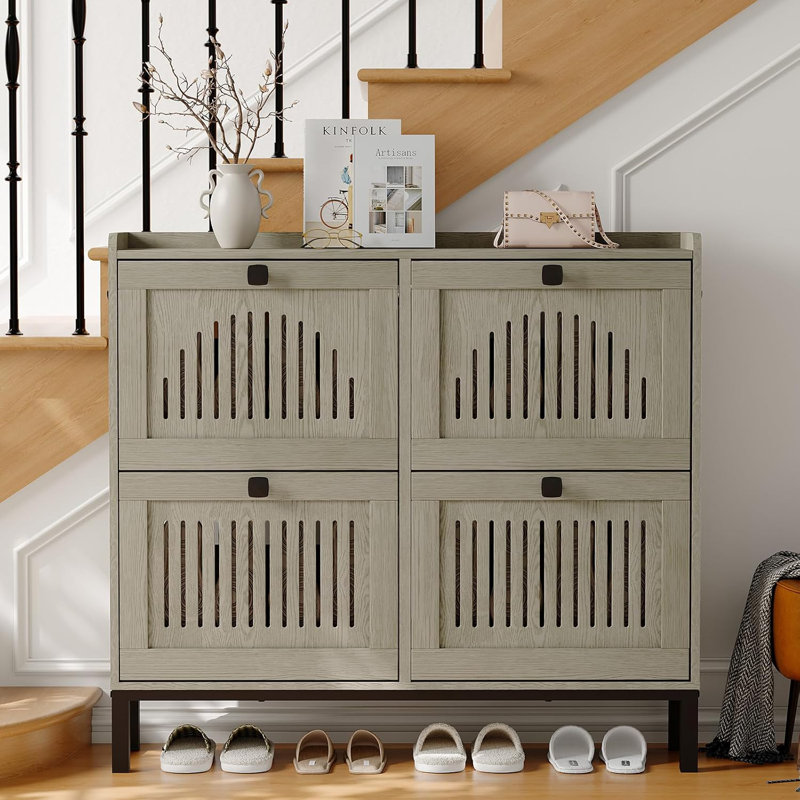 Shoe Storage Cabinet with 4 Flip Drawer, Shoes Organizer with Hollow Out Panel & Black Square Handles, Adjustable Shoe Rack for Entryway Living Room Bedroom