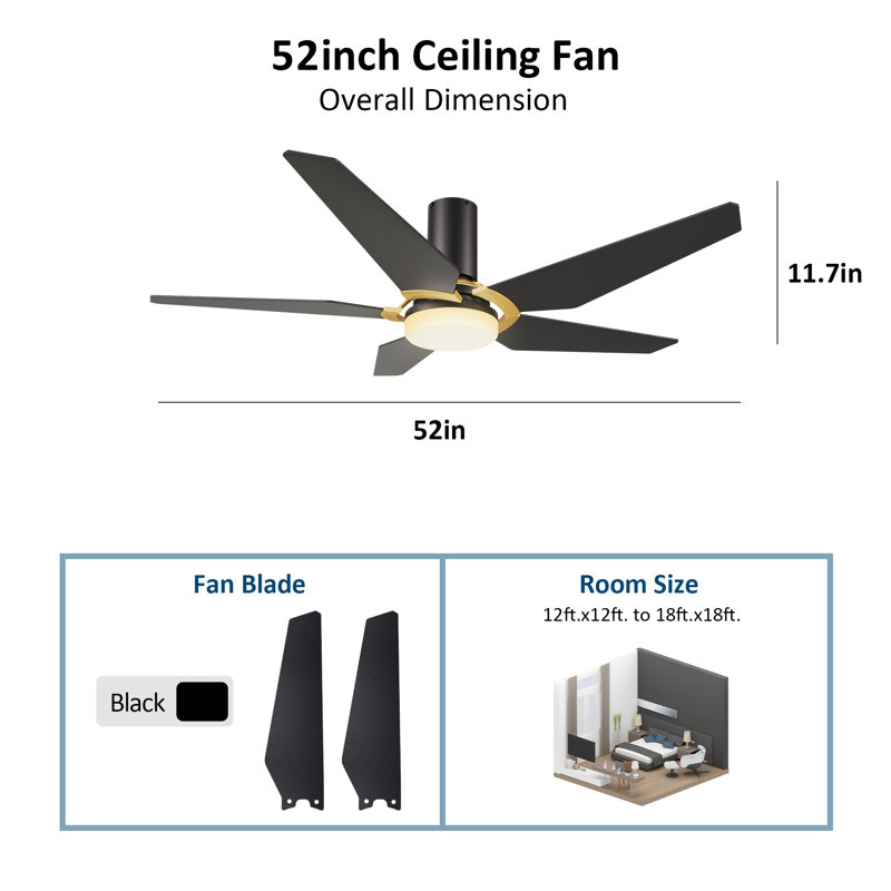 Ventilateur de plafond encastré à DEL à 5 pales de 52 po avec télécommande et ensemble d'éclairage inclus, Noir