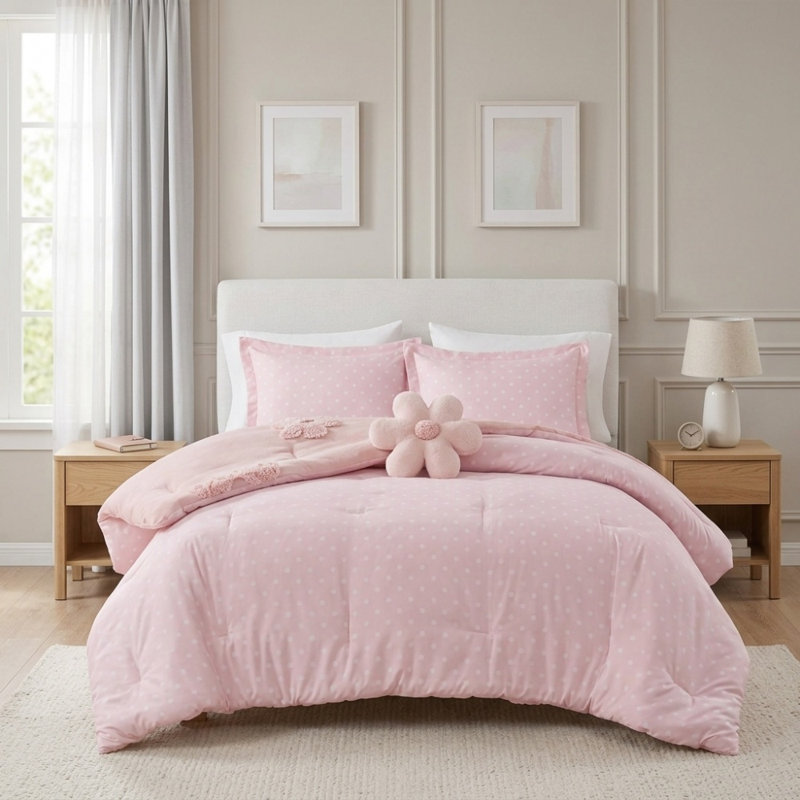 Ensemble d'édredon en chenille touffeté à motif floral rose, ensemble de literie pour lit double / grand réversible 4 pièces avec coussin décoratif floral, antimicrobien