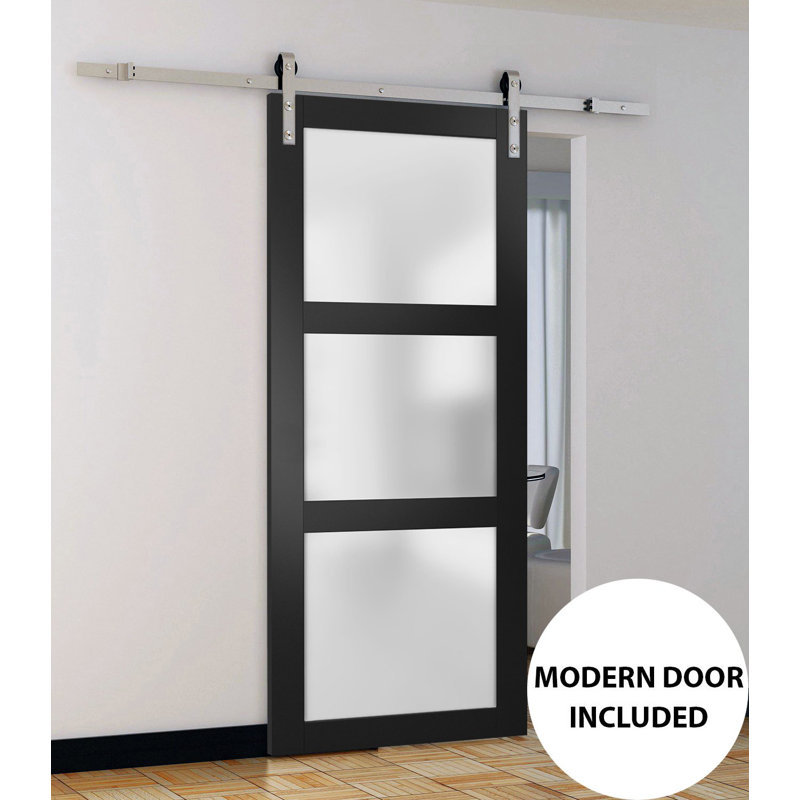 Porte de grange robuste en verre dépoli Lucia 2552, rail noir mat de 2 m (6,6 pi), quincaillerie renforcée, porte intérieure à panneau plein de 81 cm x 203 cm (32 po x 80 po), rail argenté.