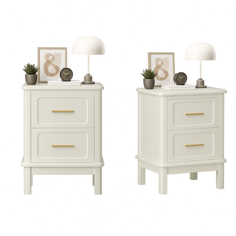 Modern  Nightstand with 2 Drawers, Bedroom Bedside Table with Gold Handles, Sturdy Wood Accent Table for Small Spaces, Living Room, Kids Room & Guest Room-Off White((Only 1 Nightstand!!!!!!)