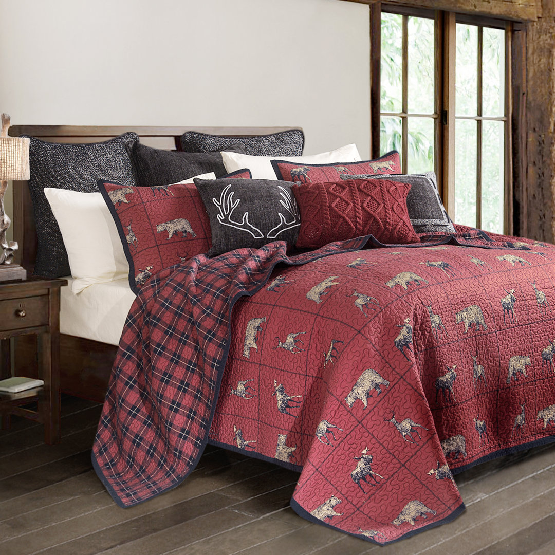 Woodland Plaid Red Navy Blue Cotton Woodland Bear Deer Moose Reversible Western Lodge Quilt Set Paseo Road by HiEnd Accents 