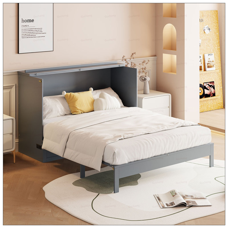 Lit escamotable peu encombrant avec rangement élégant et attrait moderne, pour les espaces de vie compacts, Lit double, Gris