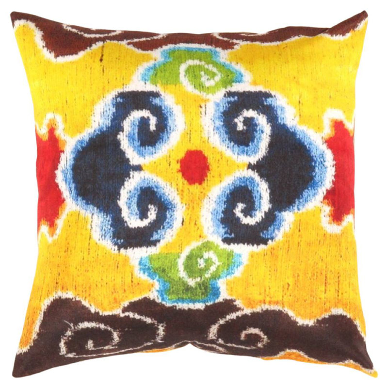 Turkish Fine Silk Style Pillow in Gold/Blue/Green/Brown, 16"H x 16"W