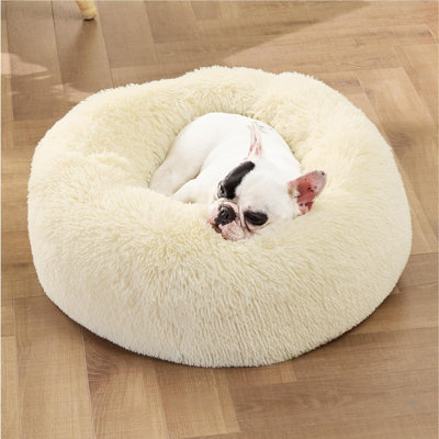 Calming Dog Bed For Small Dogs - Donut Washable Small Pet Bed, Round Anti-Slip Fluffy Plush Faux Fur Large Cat Bed, Fits Up To 25 Lbs Pets, Ivory Beige, 23 Inches