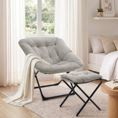 Chaise de soucoupe rembourrée avec repose-pieds, chaise pliante en coton doux et plat avec structure en métal, chaise d'appoint pour salon, gris clair