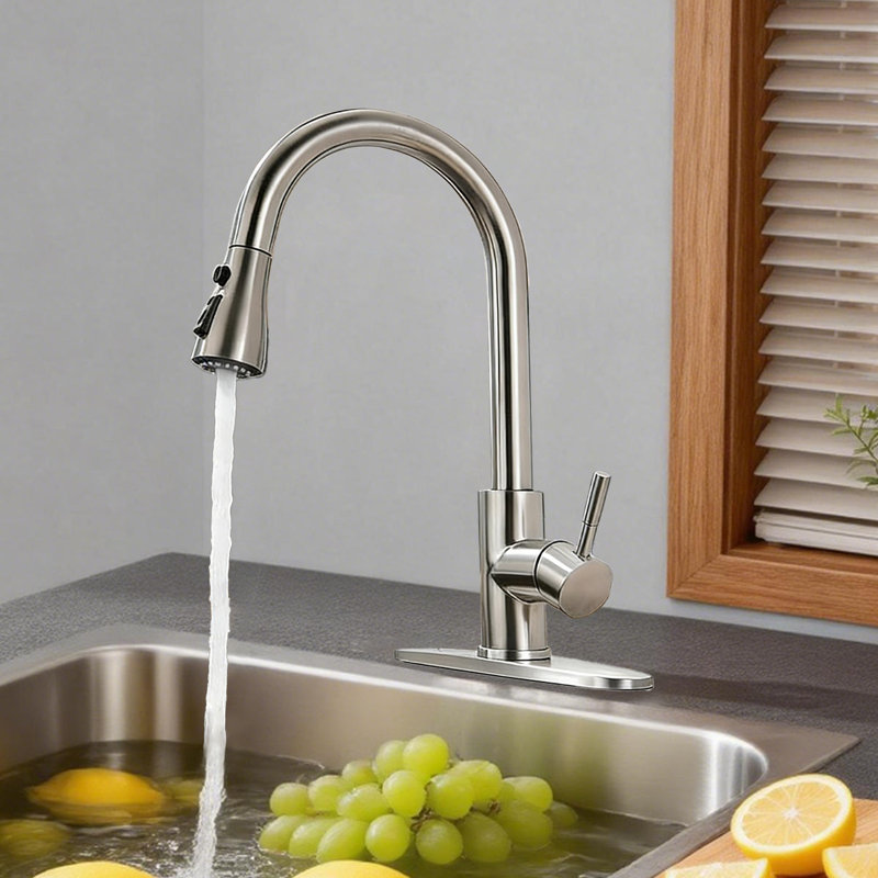 Robinet de cuisine moderne à poignée simple avec douchette extractible, Nickel brossé