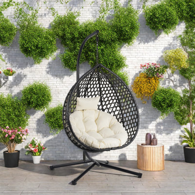 Chaise hamac robuste avec support, chaise à œufs suspendue durable avec tissage en rotin, chaises de balançoire intérieures et extérieures confortables avec coussin doux et amovible, convient au balcon, à la chambre à coucher ou au jardin