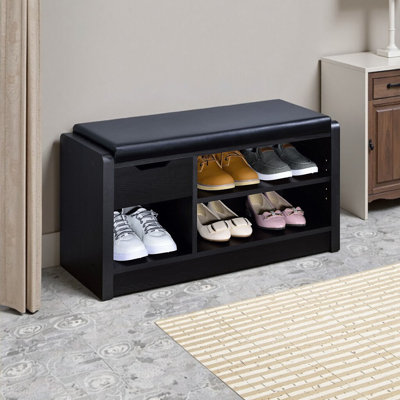 Banc de rangement Astor noir avec siège et tiroir rembourrés pour chaussures