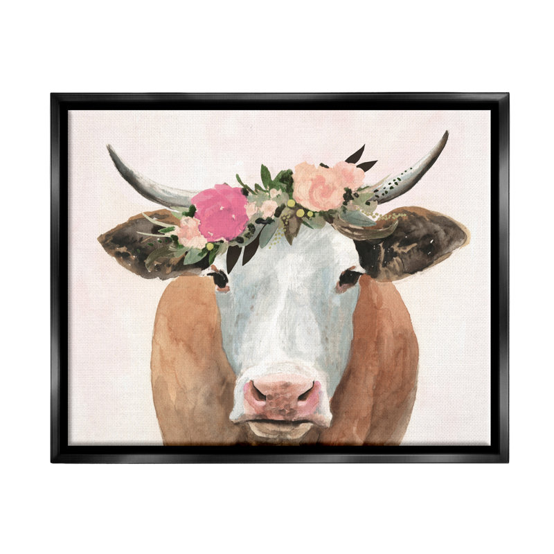«Spring Spring Flower Farm Cow with Horns», art mural sur toile par Victoria Borges, Cadre flottant noir de jais