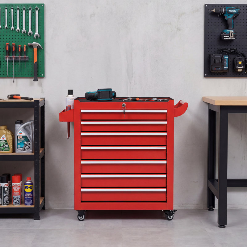  7 Drawer Rolling Tool Cabinet with Lockable Storage and Wheels, Red