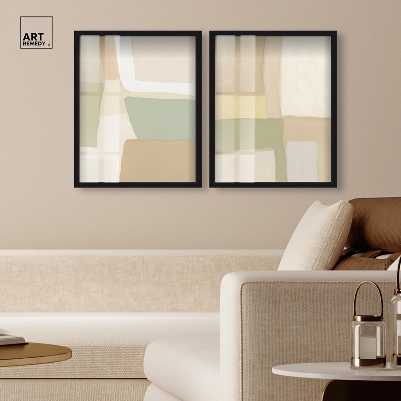 «Soft Dunes Harmony pair Shadowbox», ensemble d'art mural abstrait par Art Remedy, cadre noir, 20 x 24, H 25 po x l 21 po