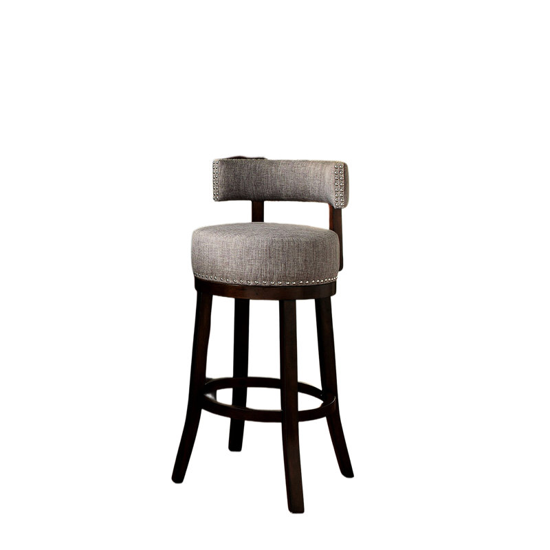 De 2 tabourets de bar pivotants de 25 po, tissu chêne foncé / gris, sièges et dossiers rembourrés, look contemporain, garniture cloutée dans les tabourets de cuisine 2 pièces, sièges en tissu avec pieds en chêne, look pour