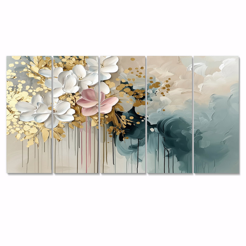 «Gold Floral Brushstroke», ensemble de décoration murale fleurs abstraites, H 28 po x l 60 po