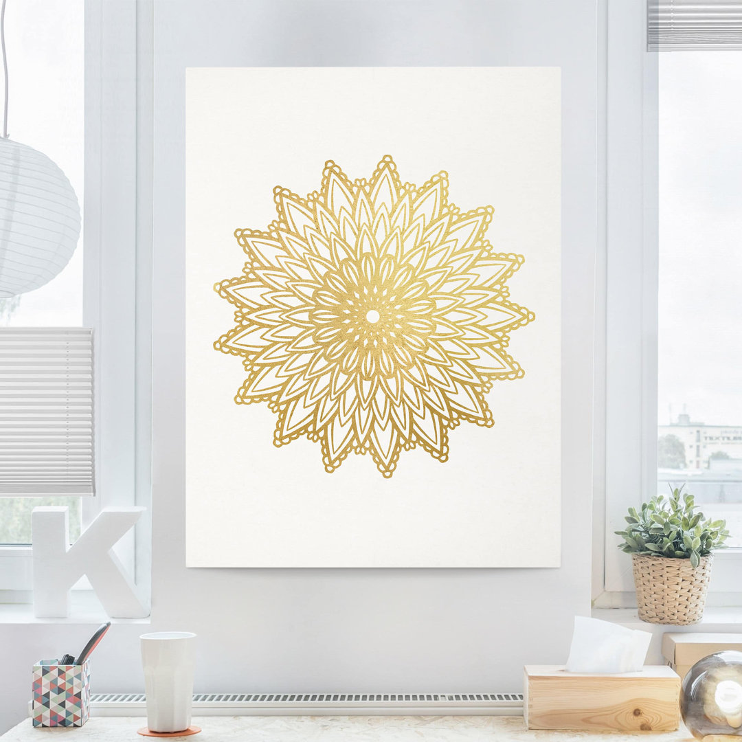 Leinwandbild Mandala Sonnenillustration in Weiß & Gold