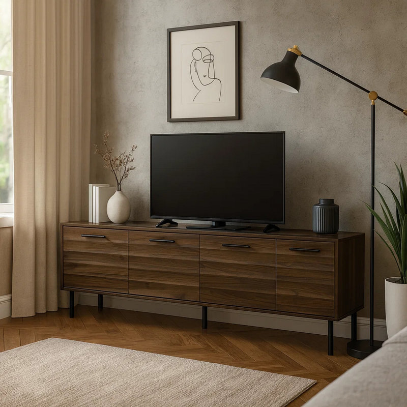 Meuble télé, 72 po, console, meuble multimédia, armoire de rangement, stratifié brun, métal noir, transitionnel