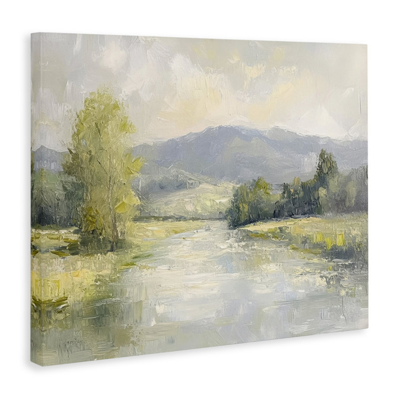 Toile abstraite de scène de rivière et de montagne, design par Petal Prints Design, H 30 po x l 40 po