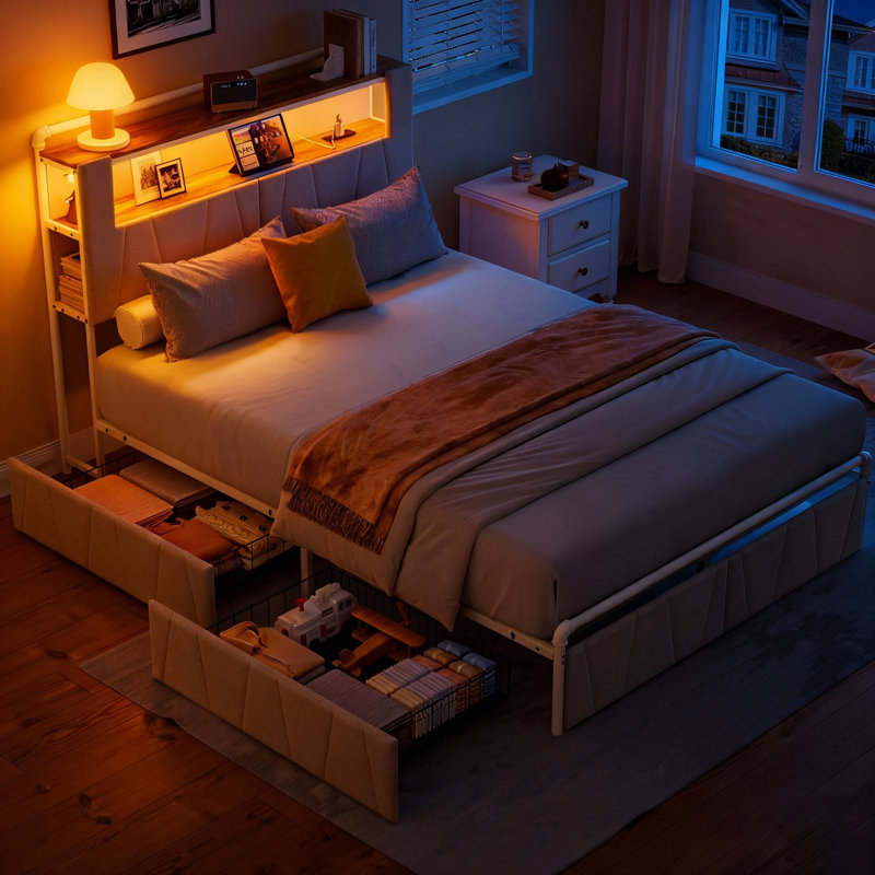 Base de lit double avec tête de lit à 2 niveaux, base de lit plateforme en métal avec 2 tiroirs de rangement, station de charge intégrée et DEL, beige