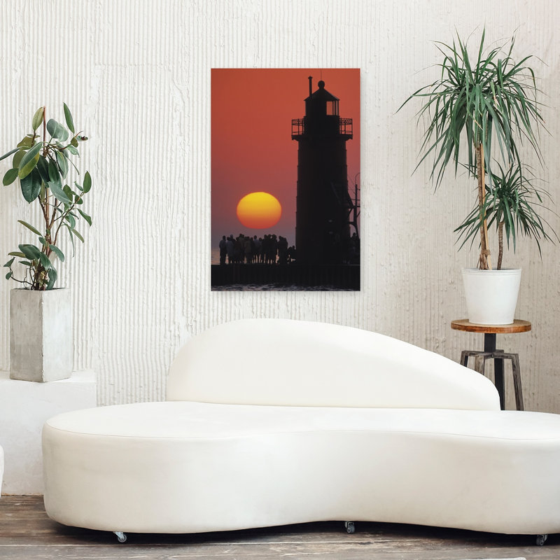 Tourists at South Haven Lighthouse during sunset South Haven Michigan USA 1 Piece Wrapped Canvas Wall Art