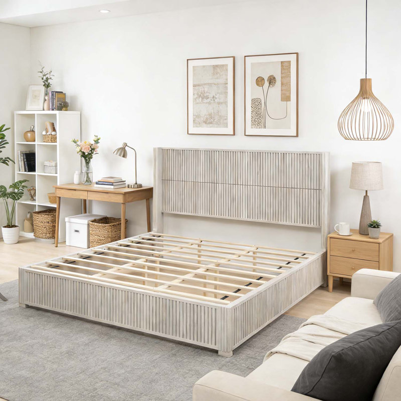 Wood Platform Bed with Elegant Headboard,No Box Spring Needed, Beige, King Size