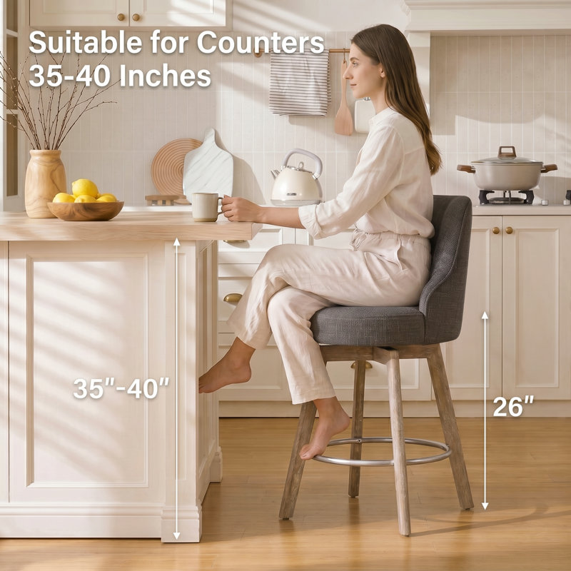 Tabourets de bar à hauteur de comptoir, tabourets de bar pivotants avec dossier, tabourets de bar avec pieds en bois massif de 3,26 po, tabourets de comptoir rembourrés en tissu de lin épais gris
