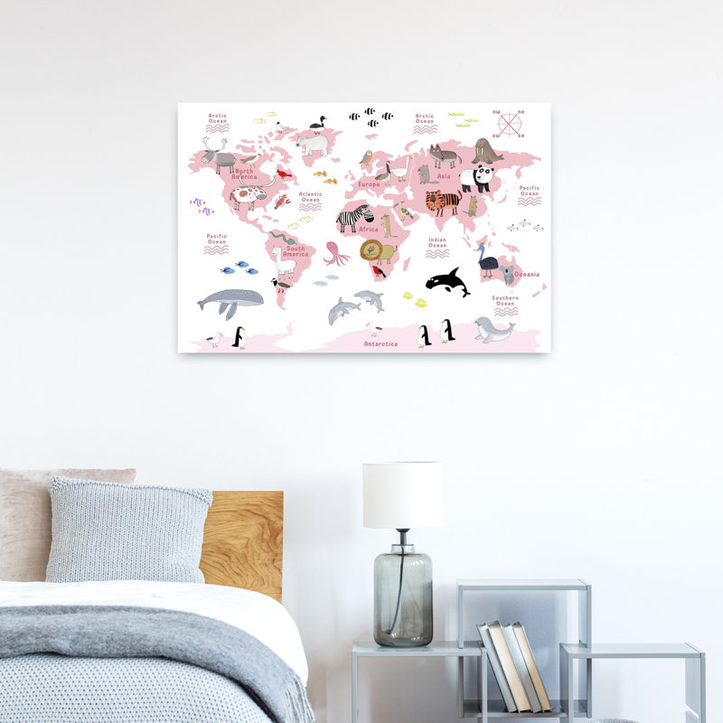 Animaux de la carte du monde, ours contemporain, dauphin, océan, art mural, 24" H x 36" W