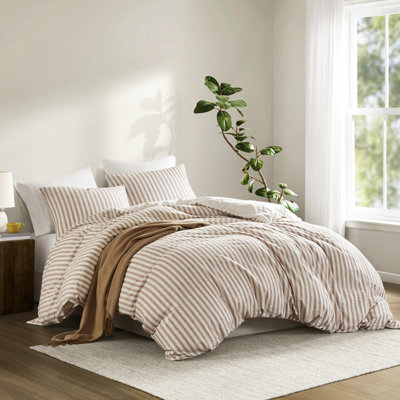 Couette pour très grand lit 3 pièces - tissu naturel avec lin et coton rayonne, literie en peau, utilisation à l'année, tissu sophistiqué en coton, toucher doux à la main, rayure classique, standard 100