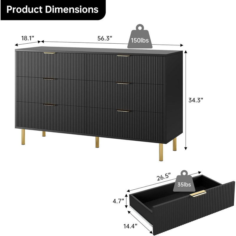 Commode 6 tiroirs pour chambre à coucher, avec poignées en métal doré, Noir