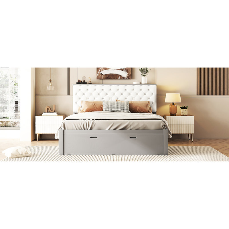 Grand lit plateforme avec tête de lit à tablette, 4 tiroirs et range-chaussures, tiroirs de rangement en bois, support, Gris